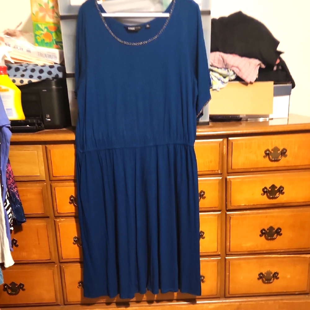 EDGE Teal Blue Midi Dress with Embellished Scoop Neck, Short Sleeves, Size XL